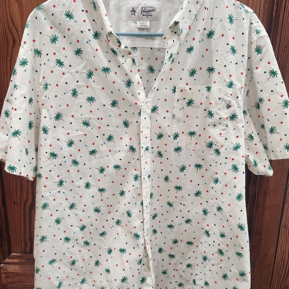 Penguin Men’s Short-Sleeve Palm Print Shirt - White/Green